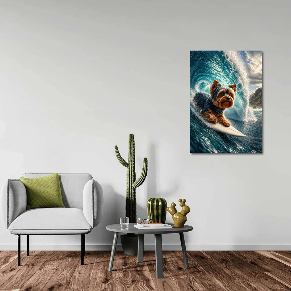 Yorkshire Terrier Surfing Giant Ocean Wave – Wall Art