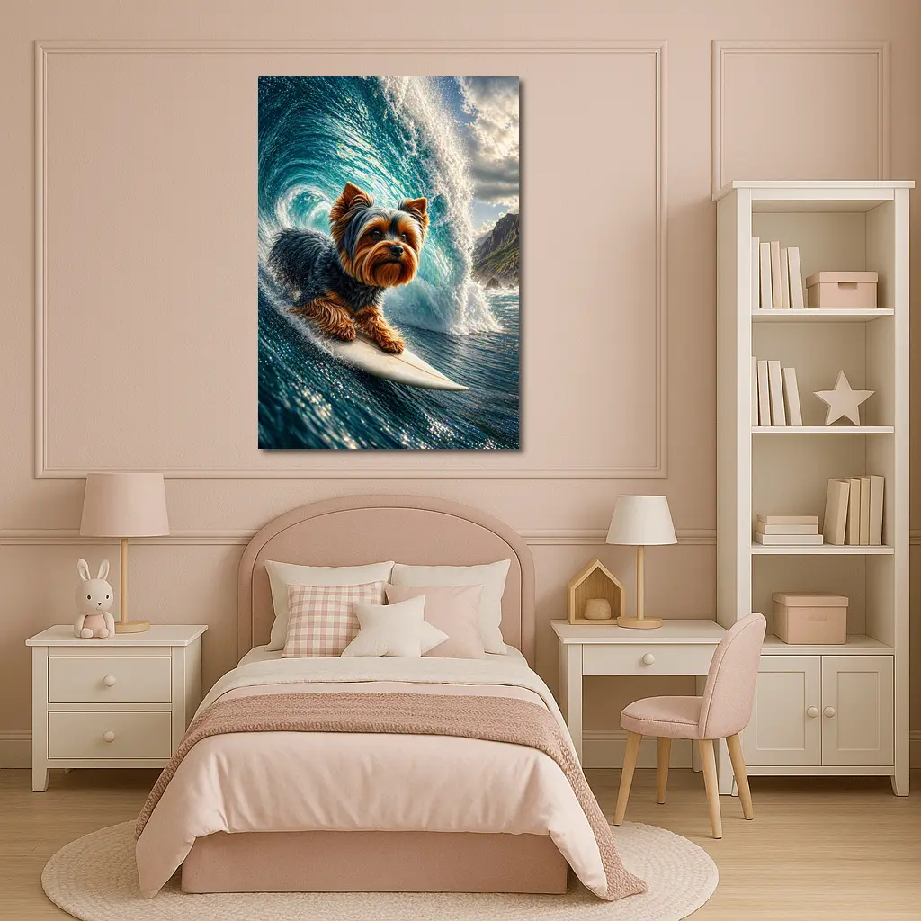 Yorkshire Terrier Surfing Giant Ocean Wave – Wall Art