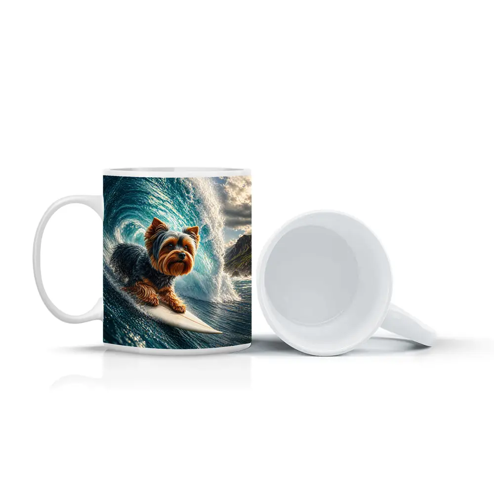 Yorkshire Terrier Surfing Giant Ocean Wave – Mugs