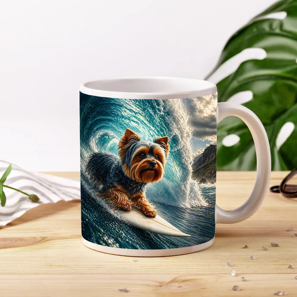 Yorkshire Terrier Surfing Giant Ocean Wave – Mugs