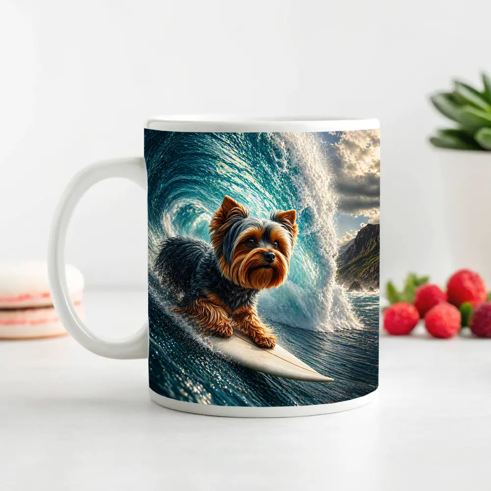 Yorkshire Terrier Surfing Giant Ocean Wave – Mugs