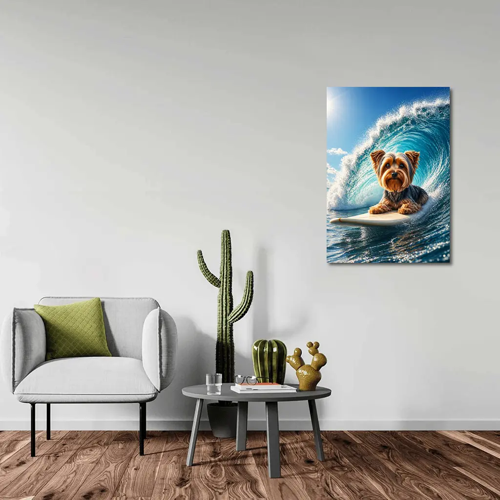 Yorkshire Terrier Surfing Giant Ocean Wave – Wall Art