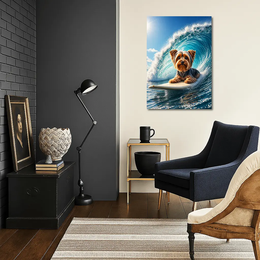 Yorkshire Terrier Surfing Giant Ocean Wave – Wall Art