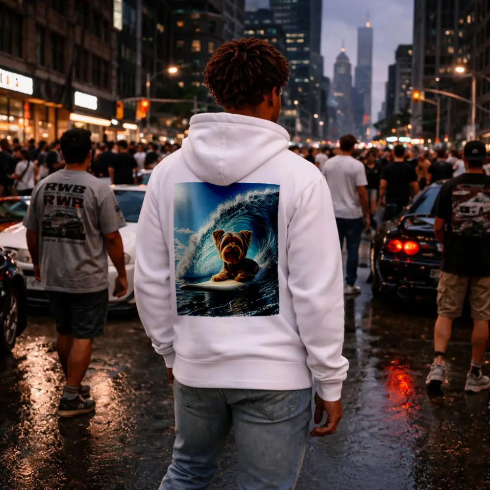 Yorkshire Terrier Surfing Giant Ocean Wave – Hoodies