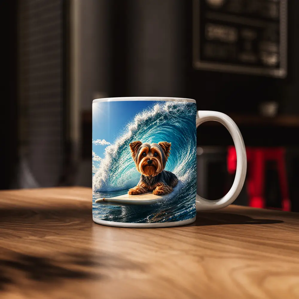 Yorkshire Terrier Surfing Giant Ocean Wave – Mugs