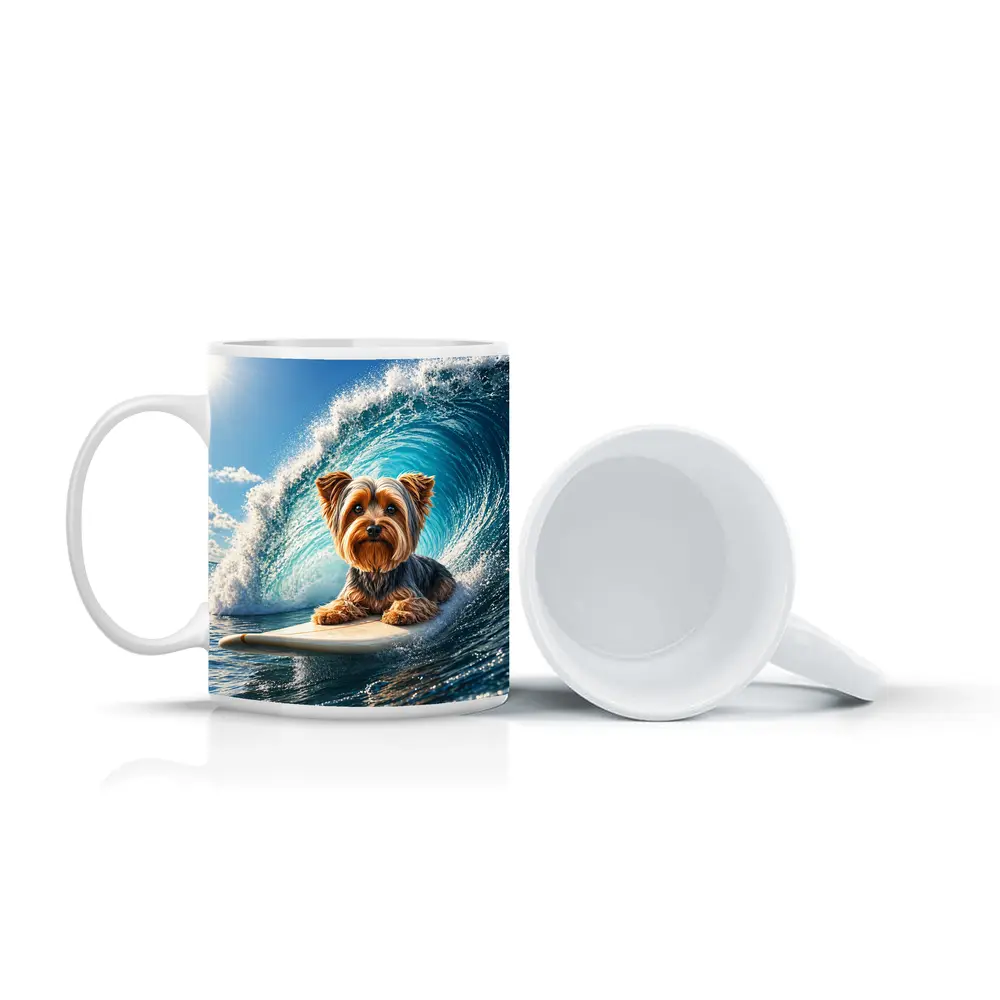 Yorkshire Terrier Surfing Giant Ocean Wave – Mugs