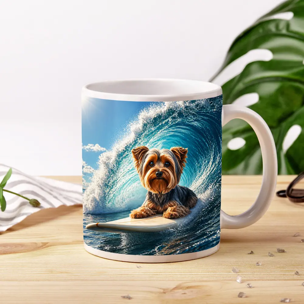 Yorkshire Terrier Surfing Giant Ocean Wave – Mugs
