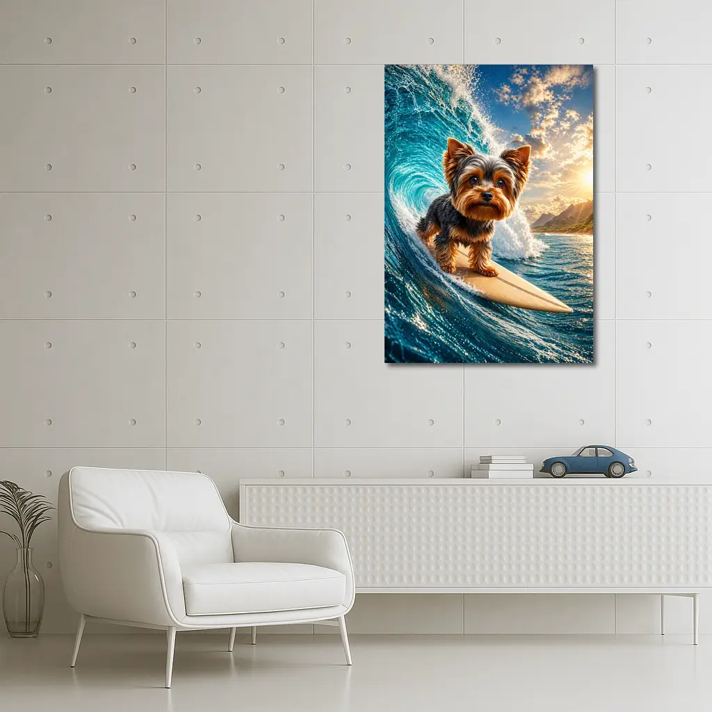Yorkshire Terrier Surfing Giant Ocean Wave – Wall Art