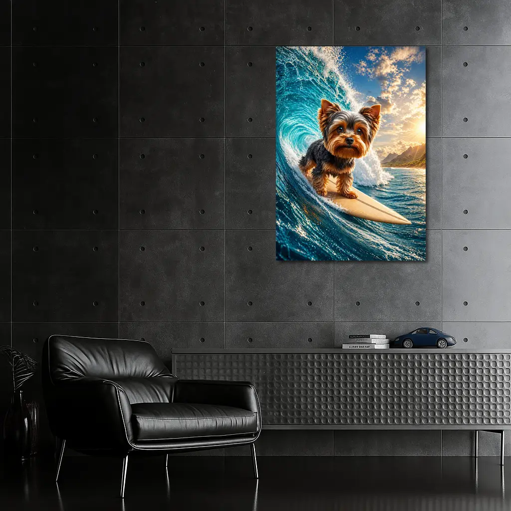 Yorkshire Terrier Surfing Giant Ocean Wave – Wall Art