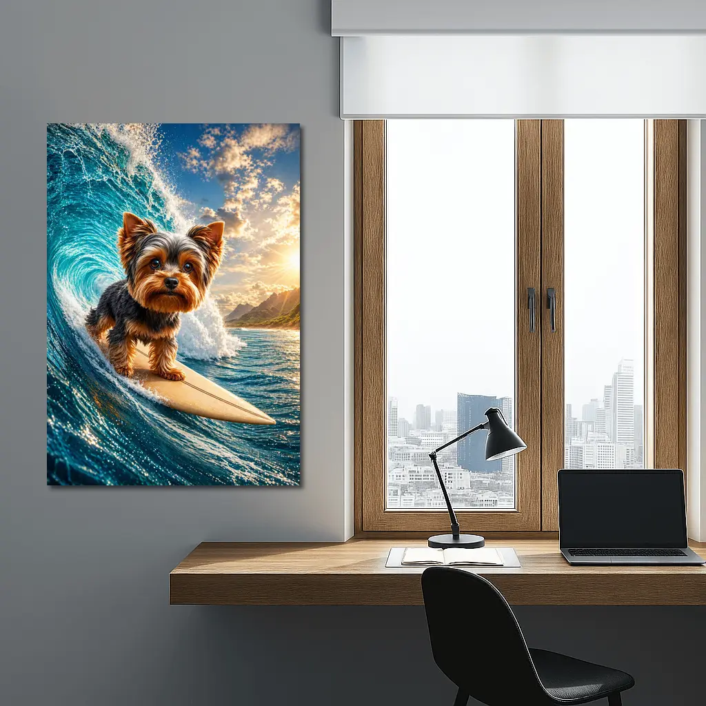 Yorkshire Terrier Surfing Giant Ocean Wave – Wall Art