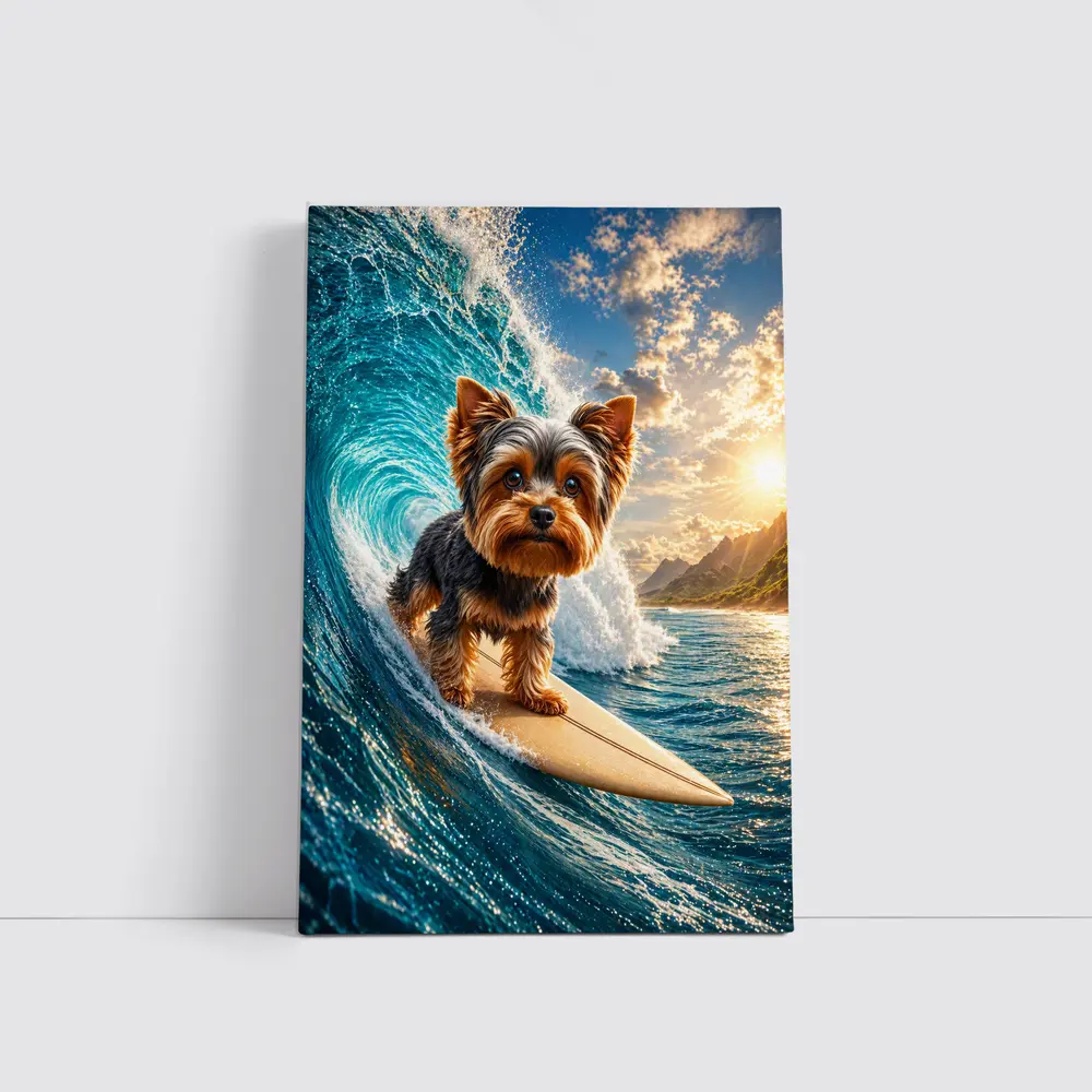 Yorkshire Terrier Surfing Giant Ocean Wave – Wall Art
