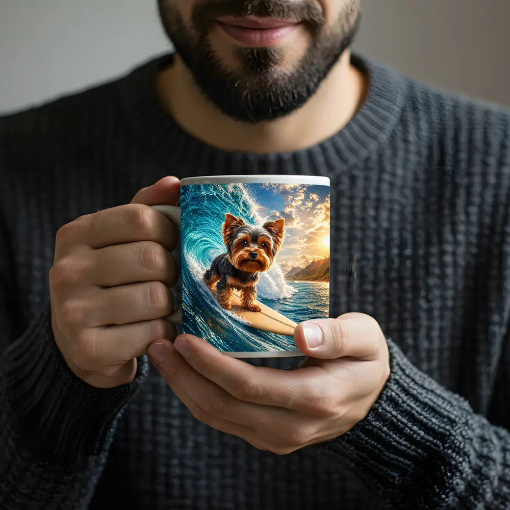 Yorkshire Terrier Surfing Giant Ocean Wave – Mugs