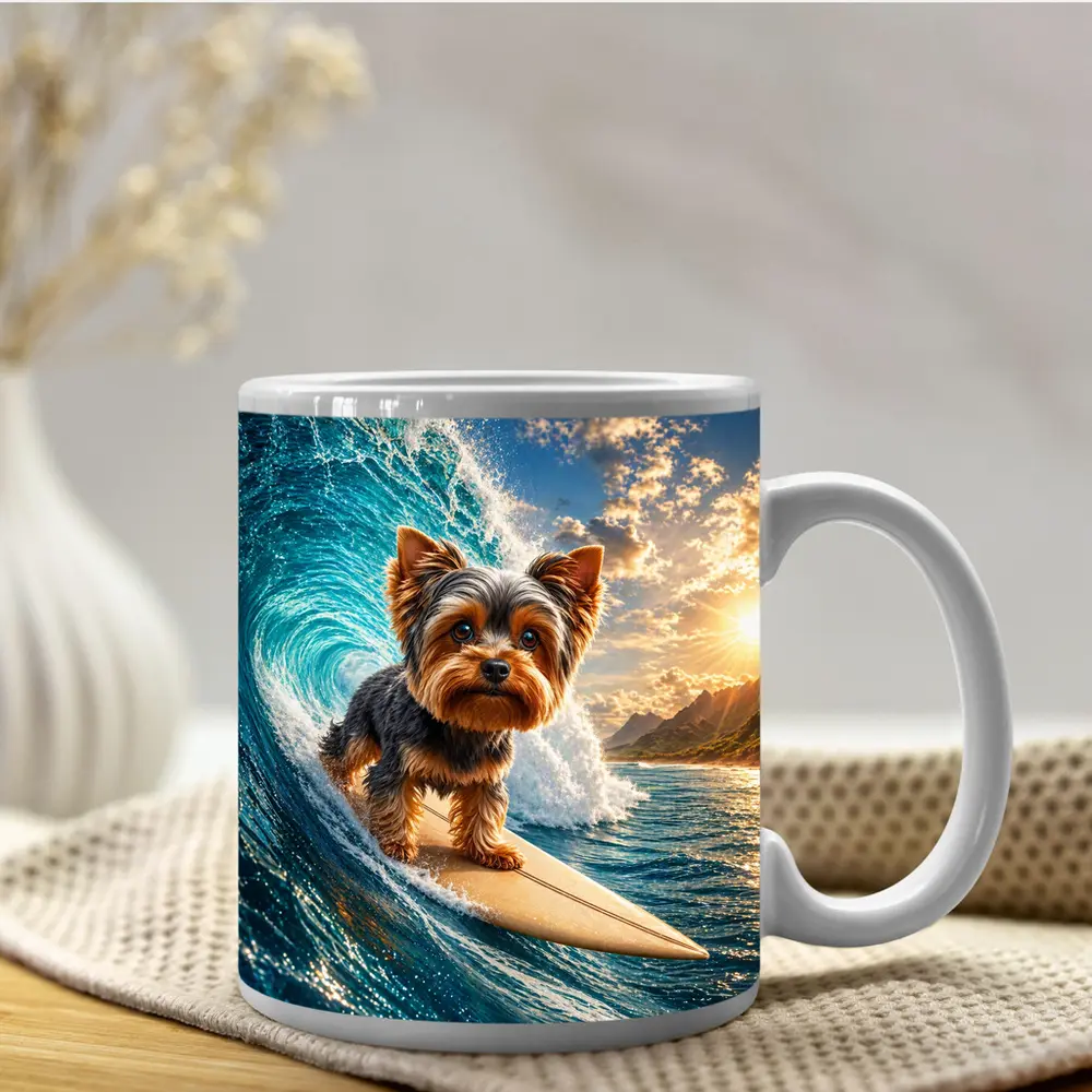 Yorkshire Terrier Surfing Giant Ocean Wave – Mugs