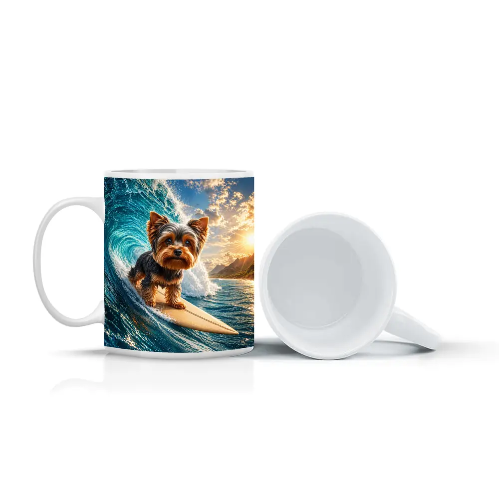Yorkshire Terrier Surfing Giant Ocean Wave – Mugs