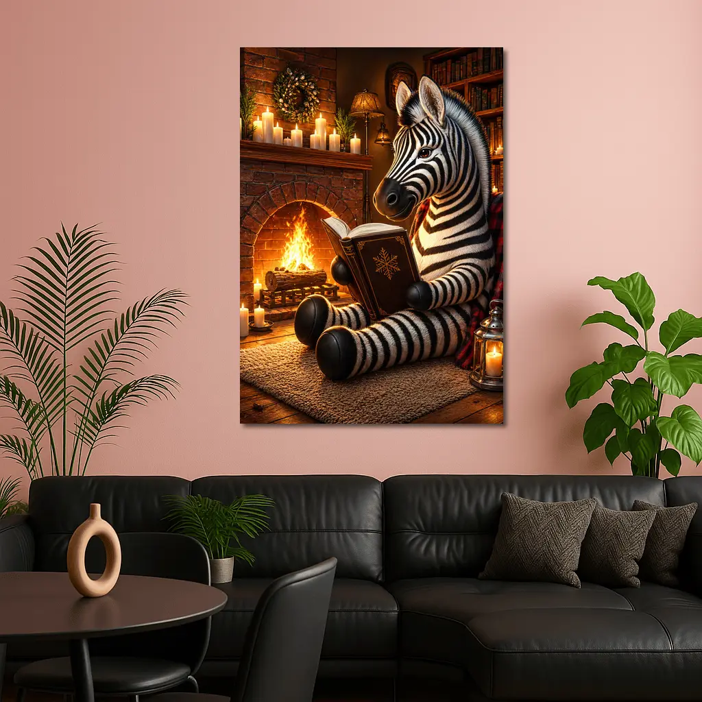 Zebra Reading Book by Cozy Fireplace – Wall Art