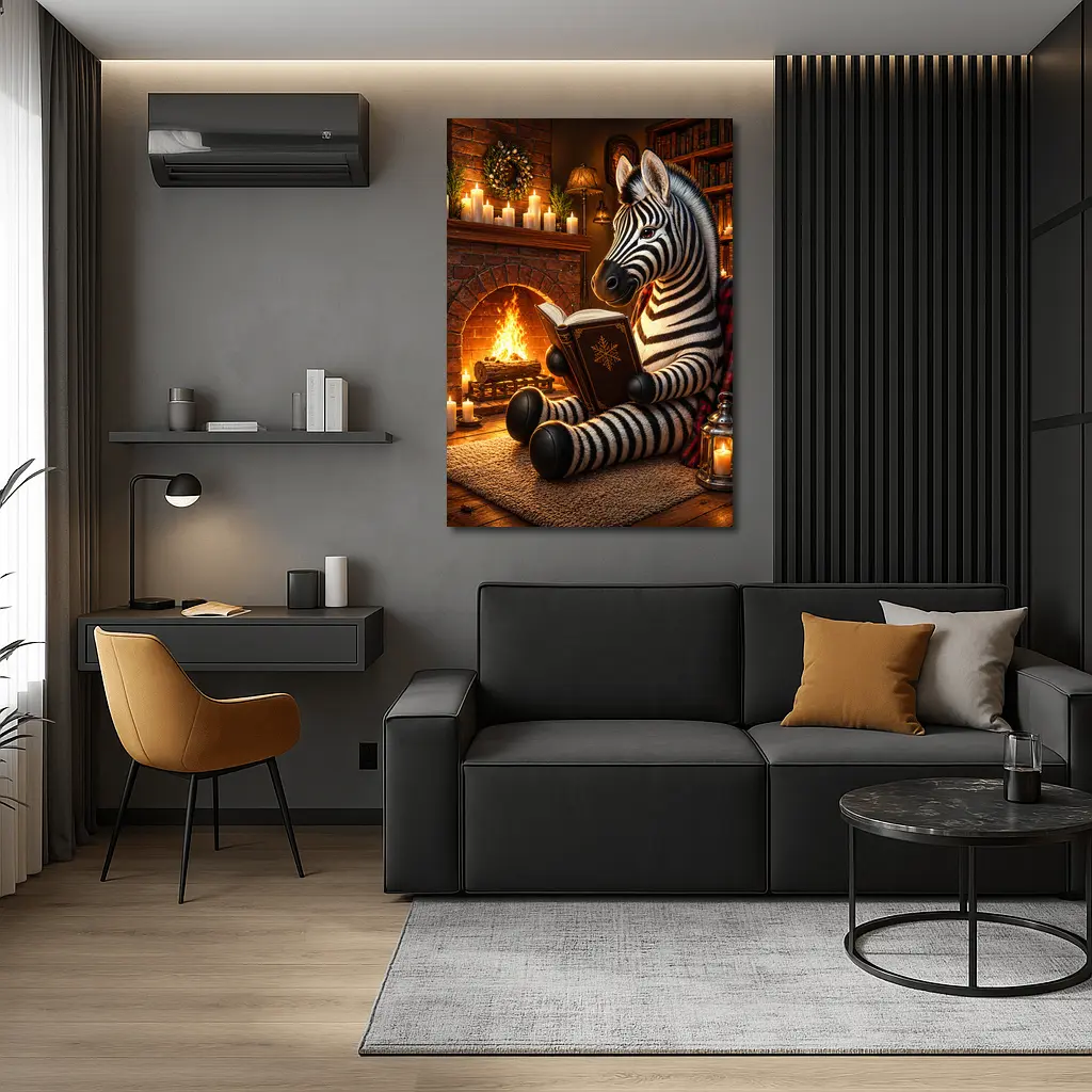 Zebra Reading Book by Cozy Fireplace – Wall Art