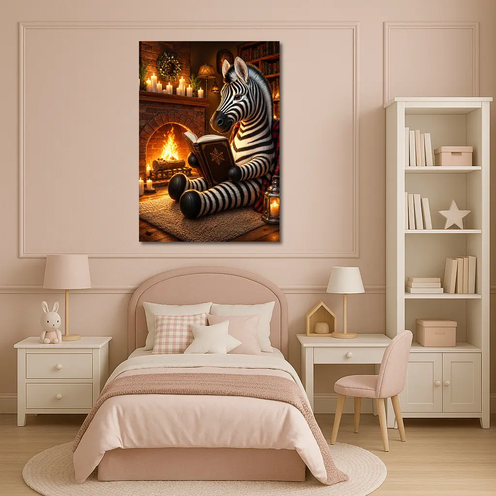 Zebra Reading Book by Cozy Fireplace – Wall Art