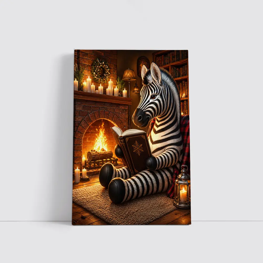 Zebra Reading Book by Cozy Fireplace – Wall Art