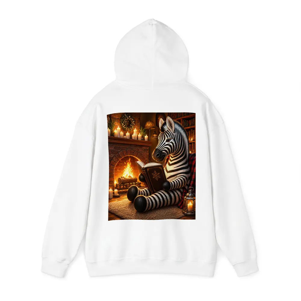 Zebra Reading Book by Cozy Fireplace – Hoodies