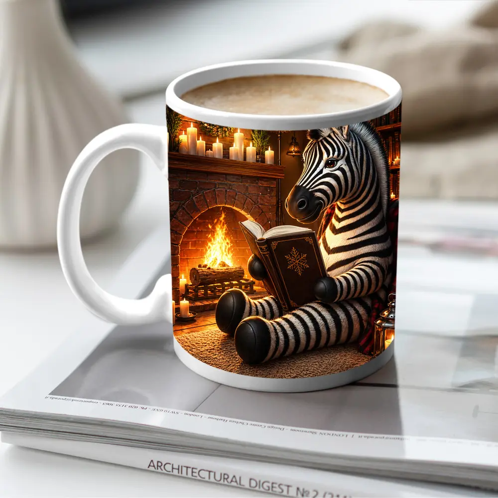 Zebra Reading Book by Cozy Fireplace – Mugs