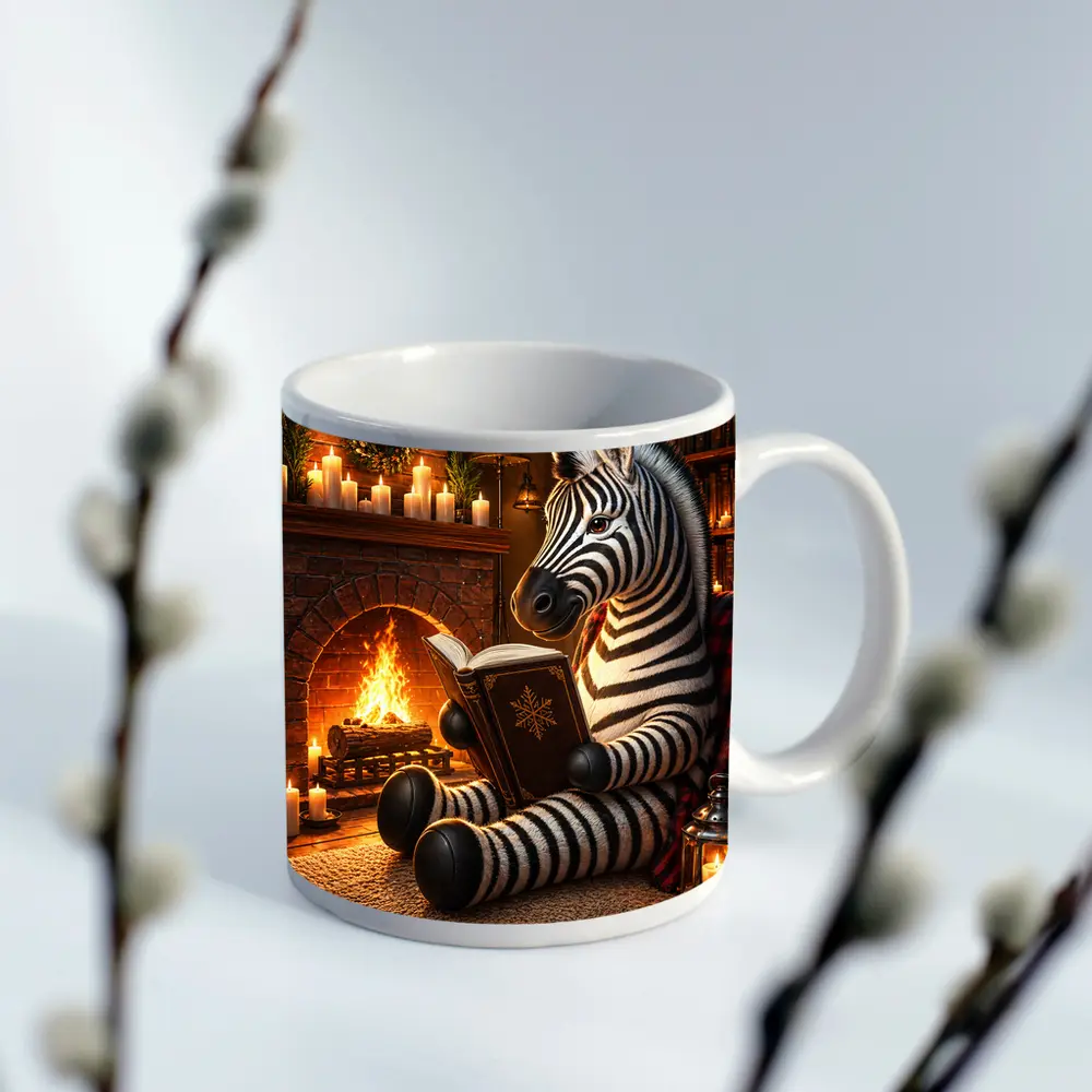 Zebra Reading Book by Cozy Fireplace – Mugs