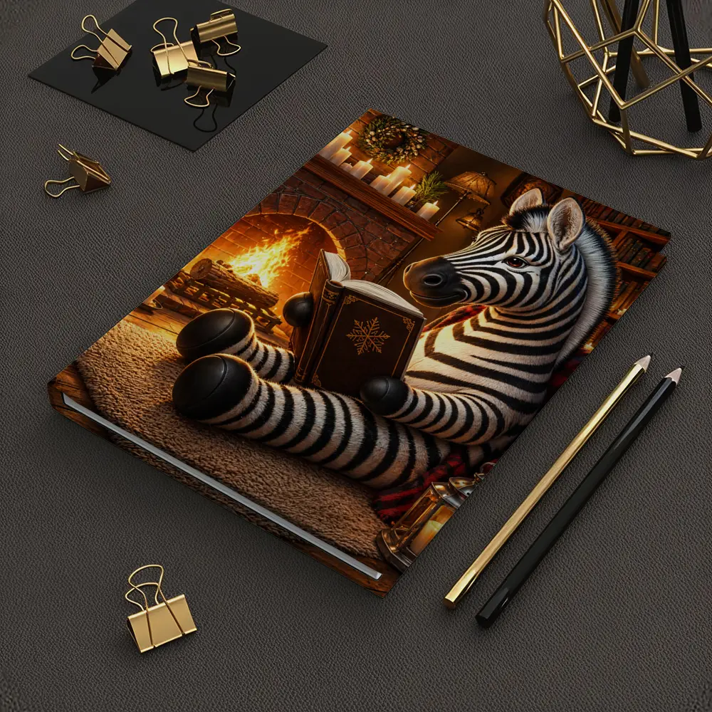 Zebra Reading Book by Cozy Fireplace – Notebooks