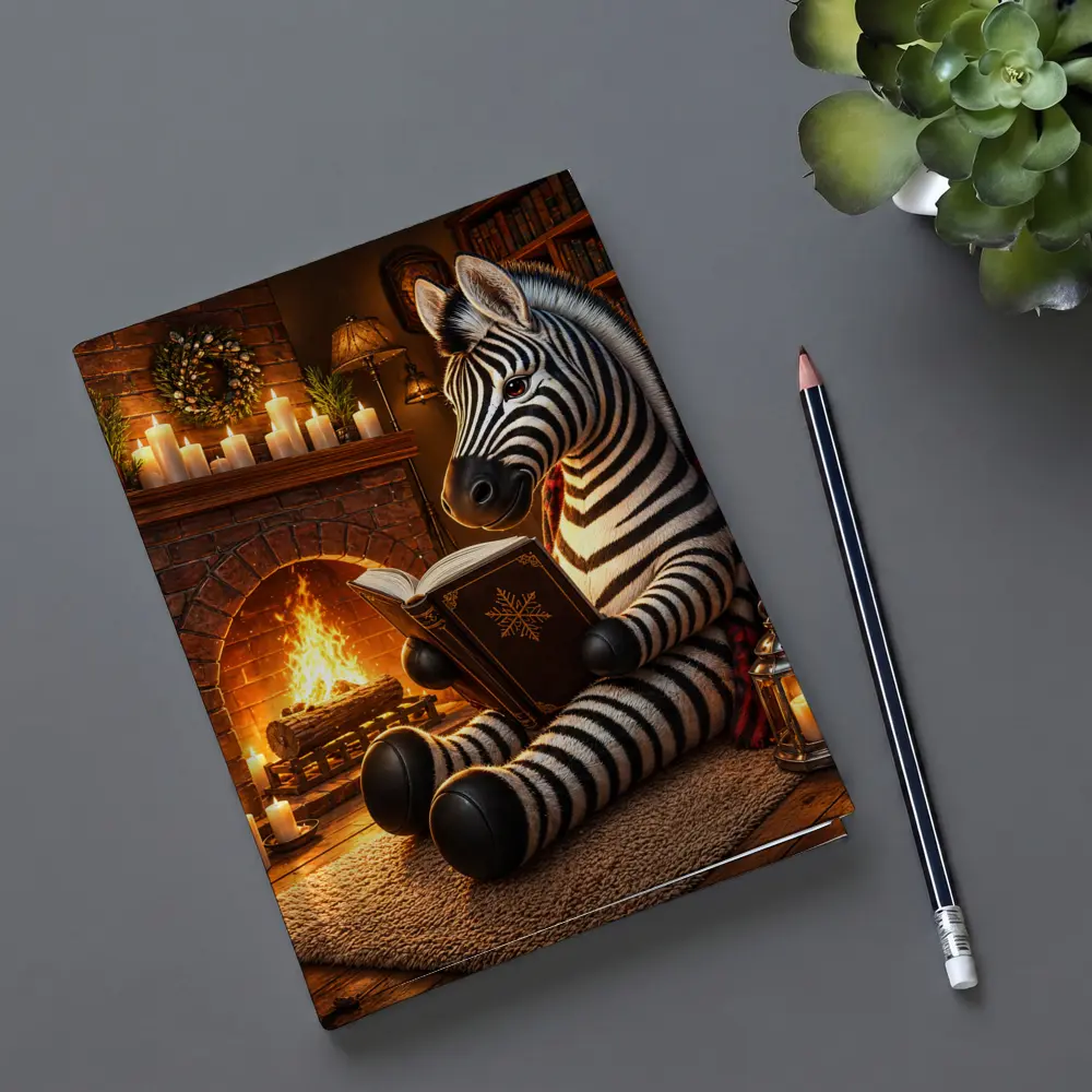 Zebra Reading Book by Cozy Fireplace – Notebooks