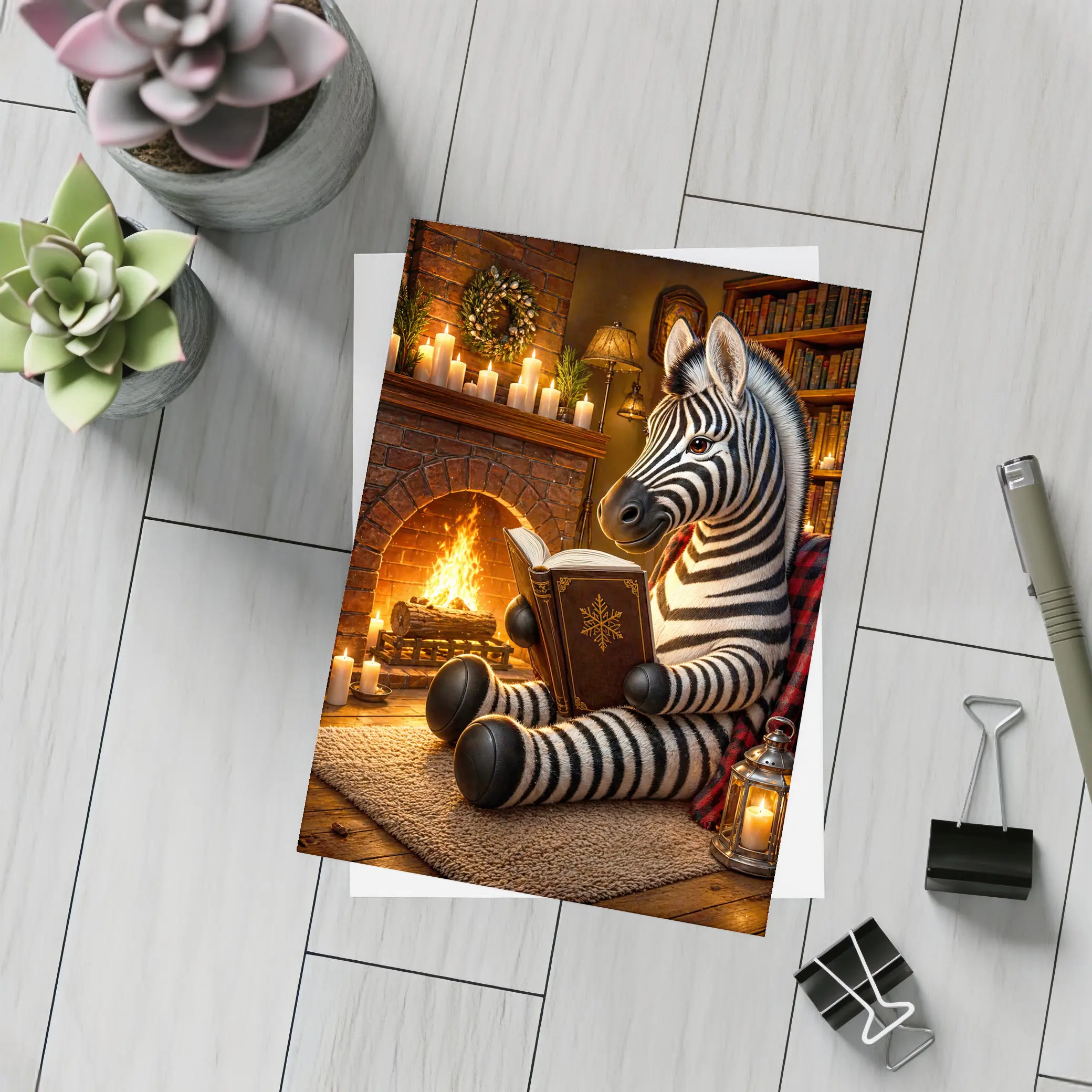 Zebra Reading Book by Cozy Fireplace – Postcards