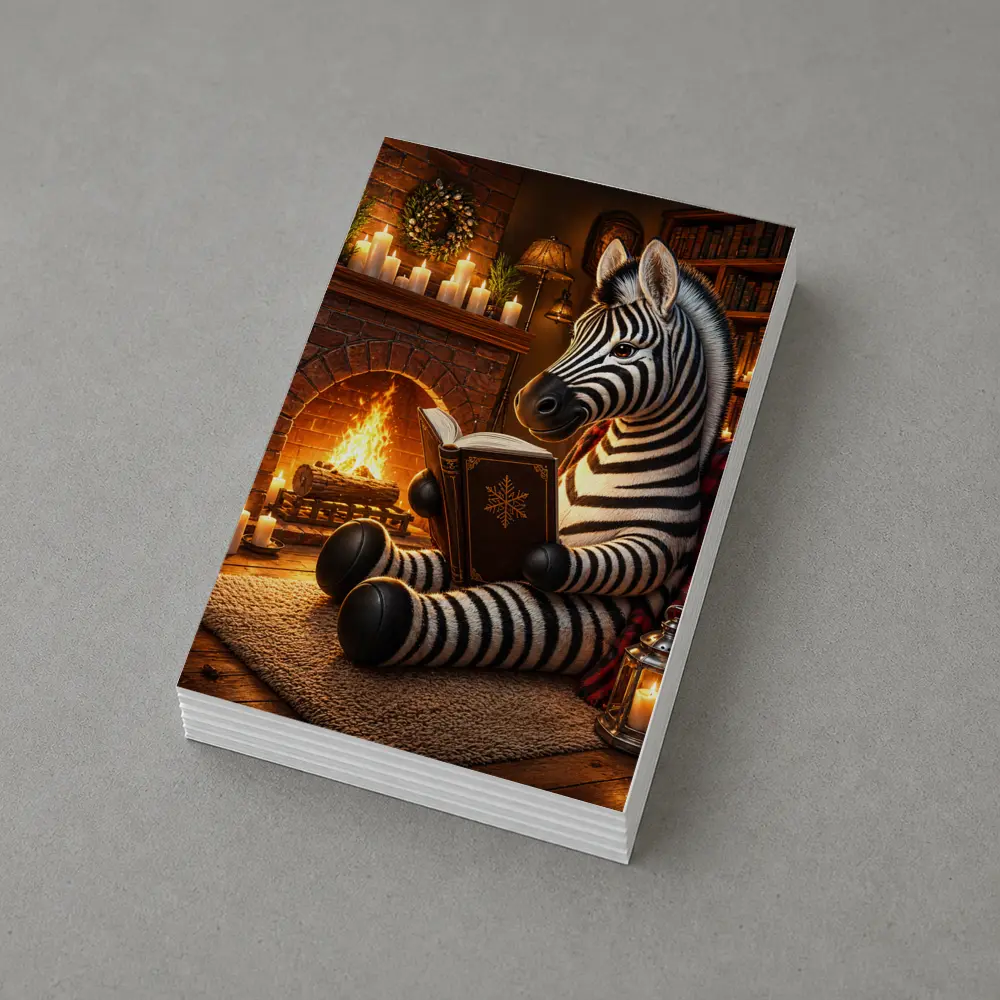 Zebra Reading Book by Cozy Fireplace – Postcards