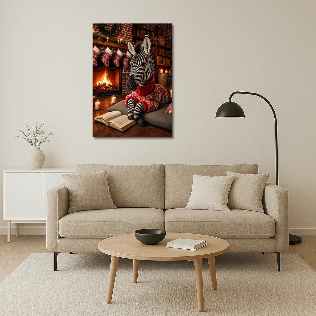 Zebra Reading Book by Christmas Fireplace – Wall Art