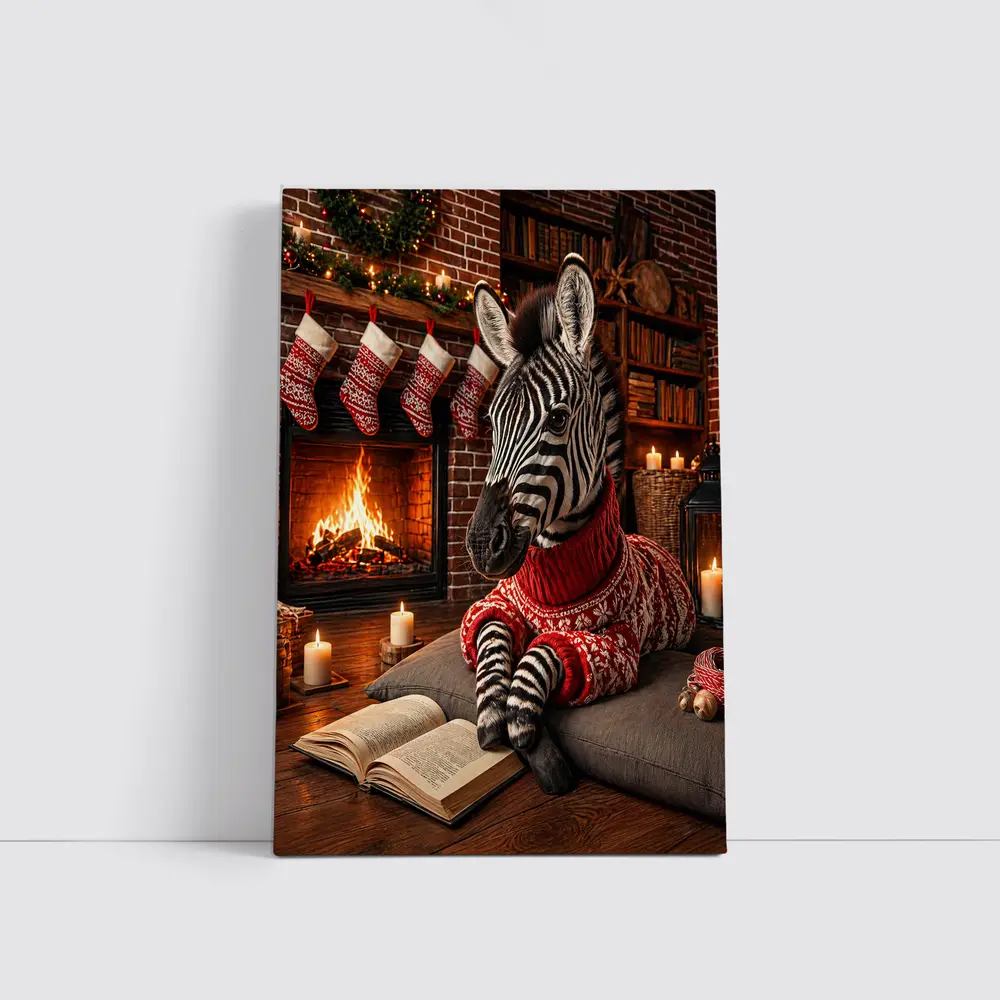 Zebra Reading Book by Christmas Fireplace – Wall Art