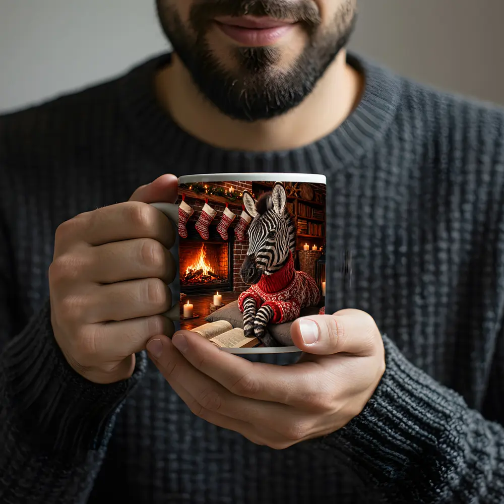 Zebra Reading Book by Christmas Fireplace – Mugs