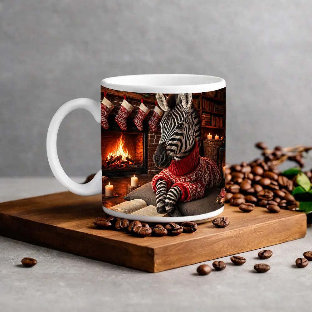 Zebra Reading Book by Christmas Fireplace – Mugs