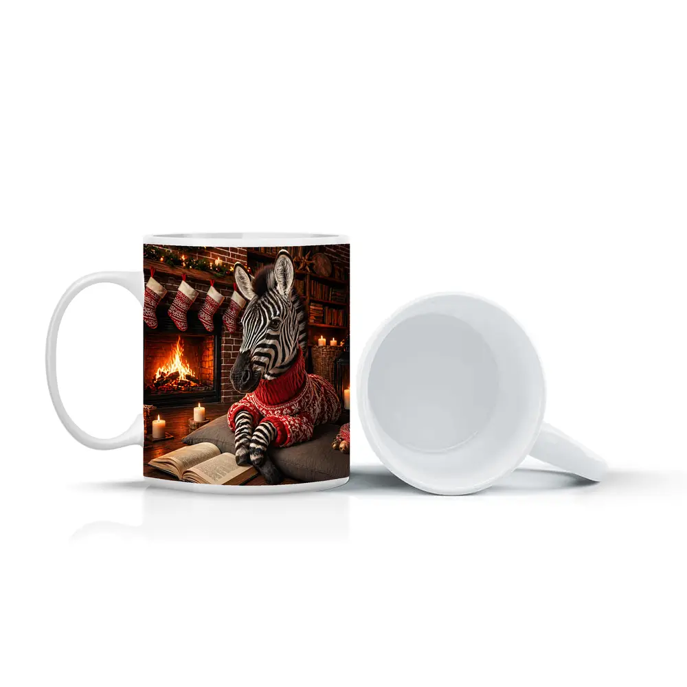 Zebra Reading Book by Christmas Fireplace – Mugs
