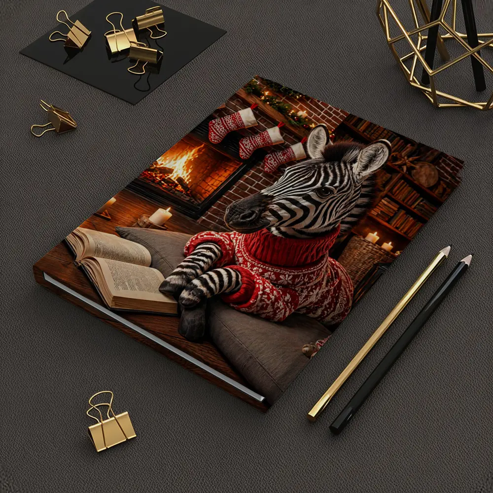 Zebra Reading Book by Christmas Fireplace – Notebooks