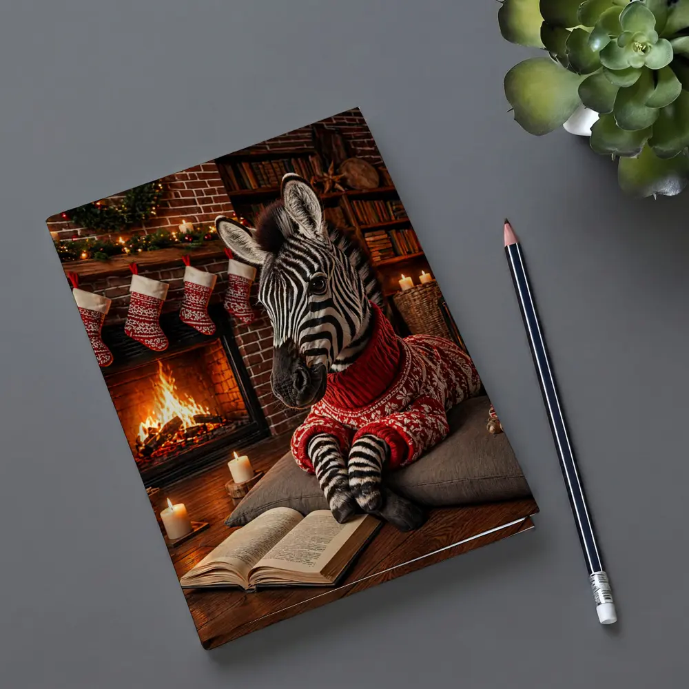 Zebra Reading Book by Christmas Fireplace – Notebooks