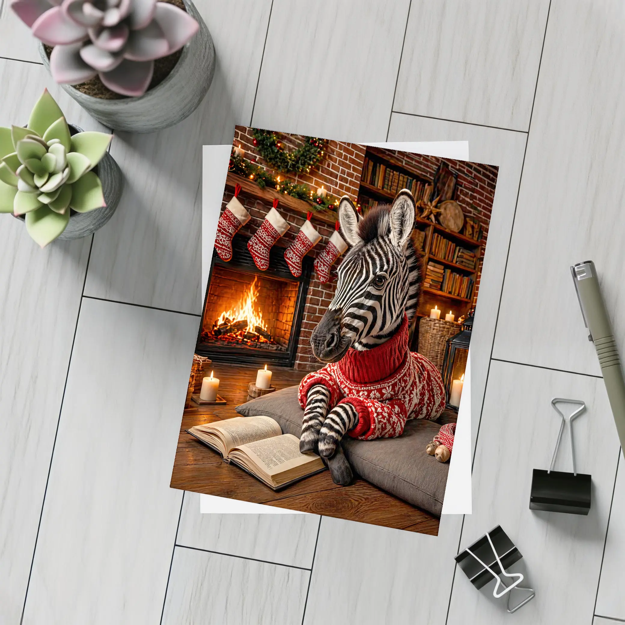 Zebra Reading Book by Christmas Fireplace – Postcards