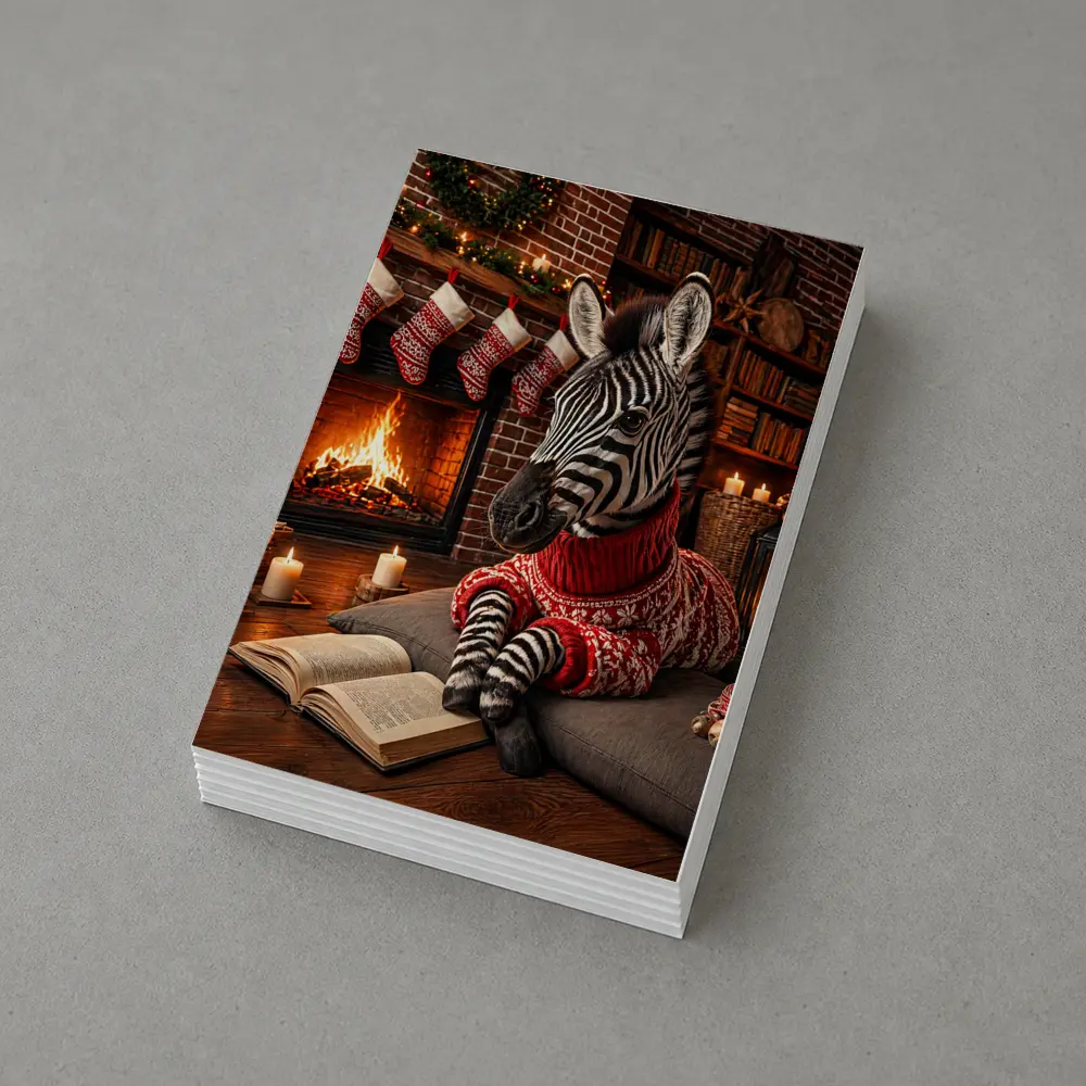 Zebra Reading Book by Christmas Fireplace – Postcards