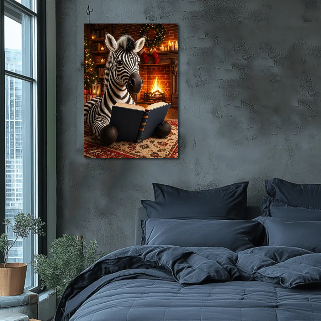 Zebra Reading Book By Christmas Fireplace – Wall Art
