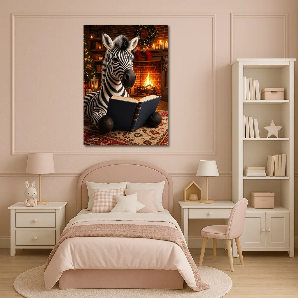 Zebra Reading Book By Christmas Fireplace – Wall Art