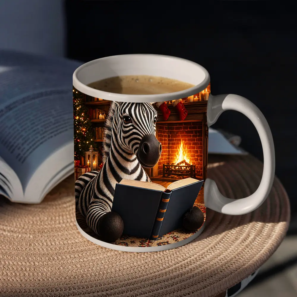 Zebra Reading Book By Christmas Fireplace – Mugs