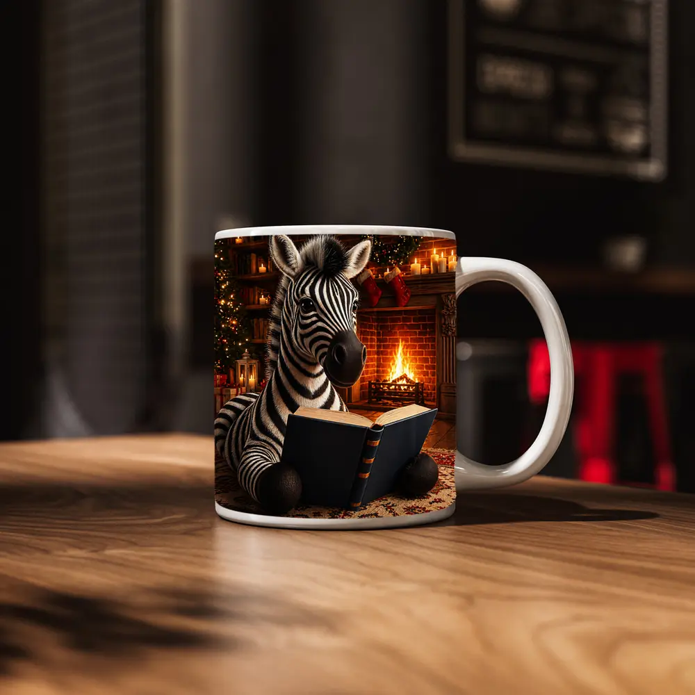 Zebra Reading Book By Christmas Fireplace – Mugs