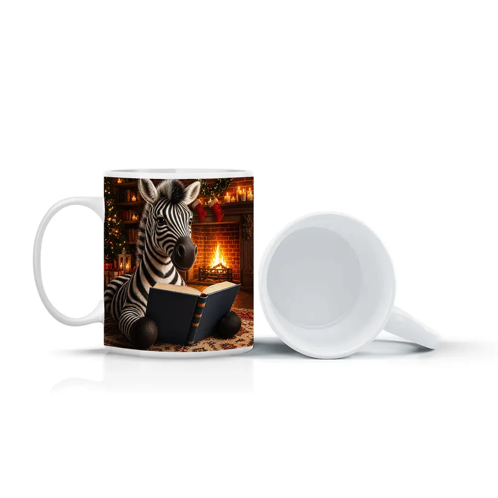 Zebra Reading Book By Christmas Fireplace – Mugs
