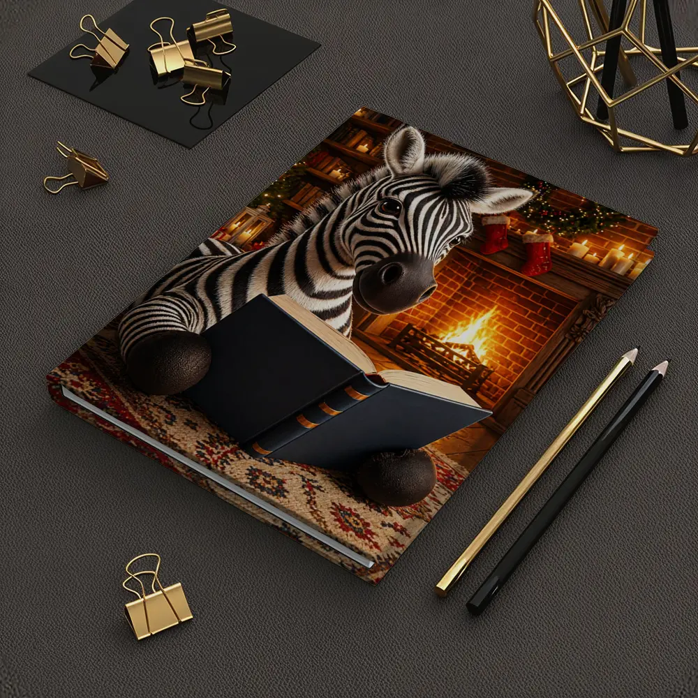 Zebra Reading Book By Christmas Fireplace – Notebooks