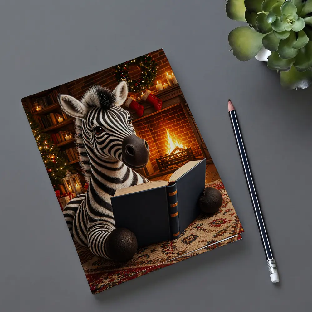 Zebra Reading Book By Christmas Fireplace – Notebooks