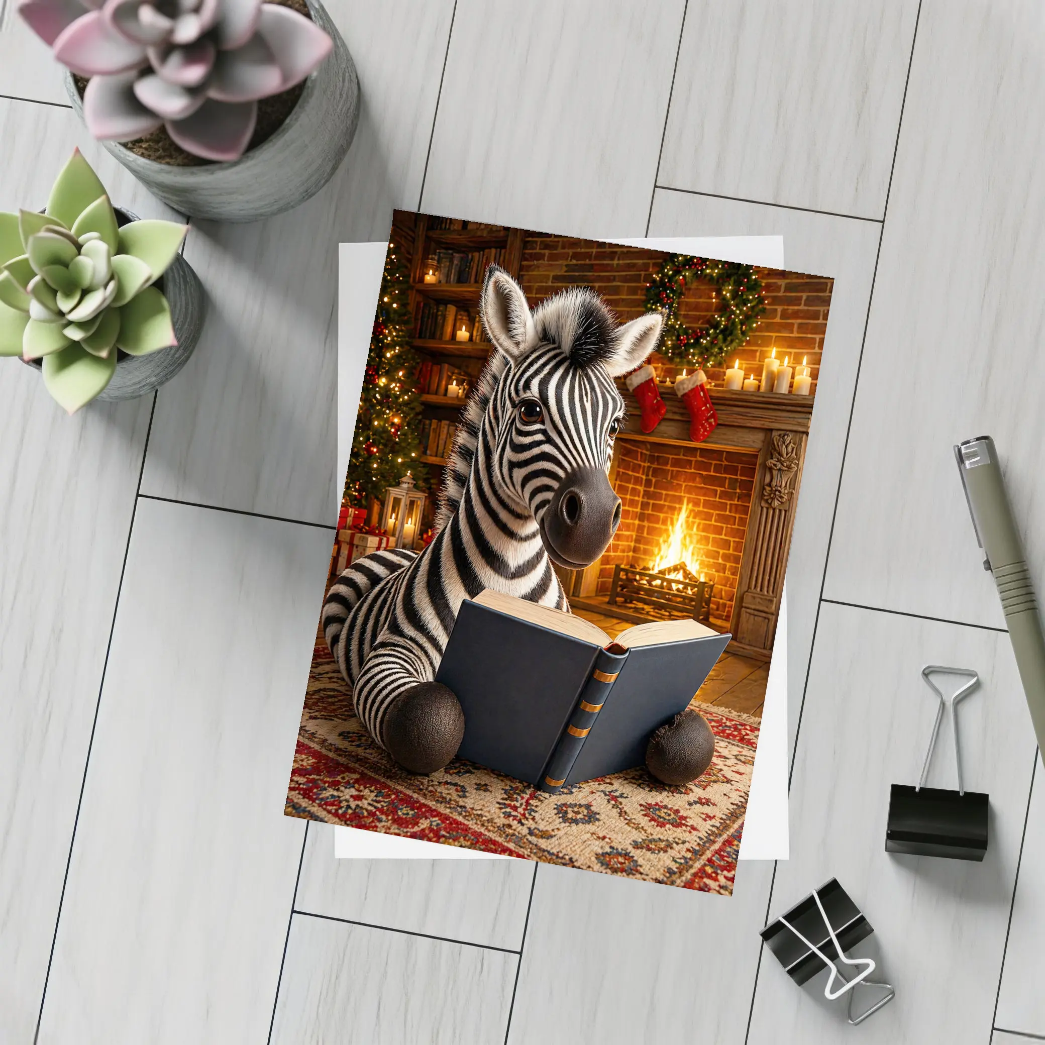 Zebra Reading Book By Christmas Fireplace – Postcards