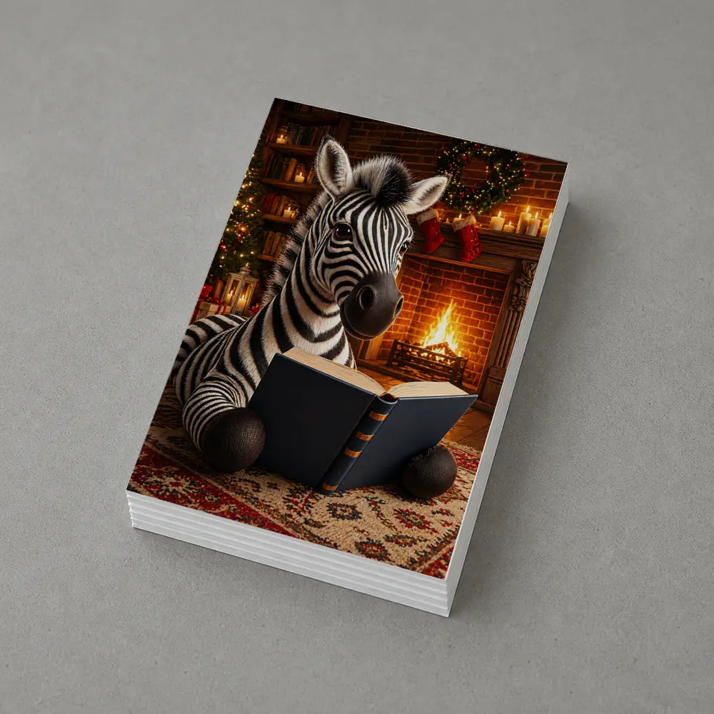 Zebra Reading Book By Christmas Fireplace – Postcards