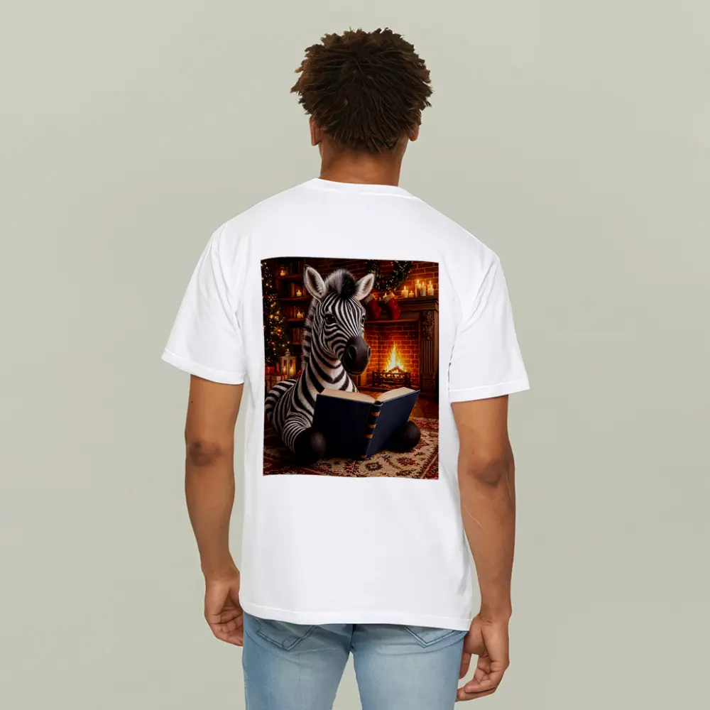 Zebra Reading Book By Christmas Fireplace – T-Shirts