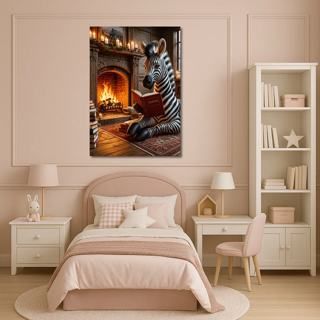 Zebra Reading Book By Cozy Fireplace – Wall Art