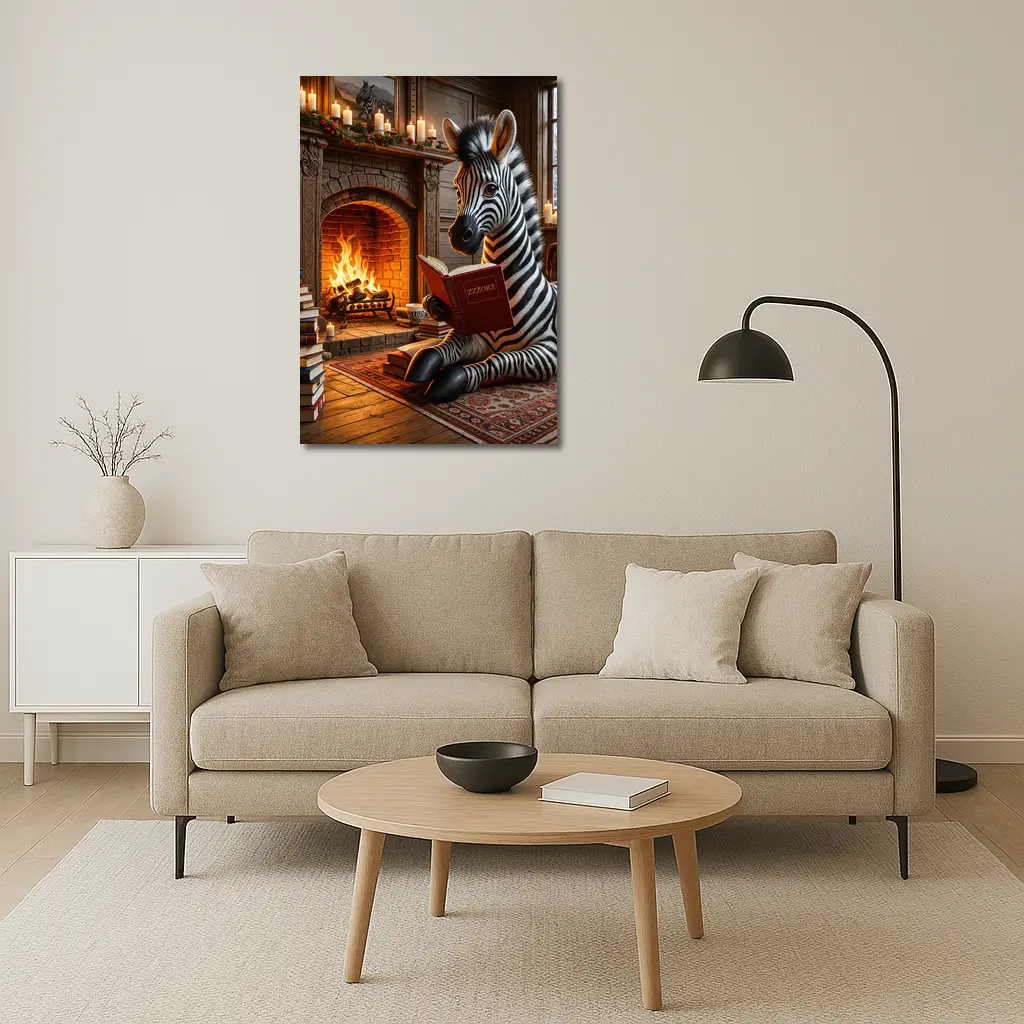 Zebra Reading Book By Cozy Fireplace – Wall Art